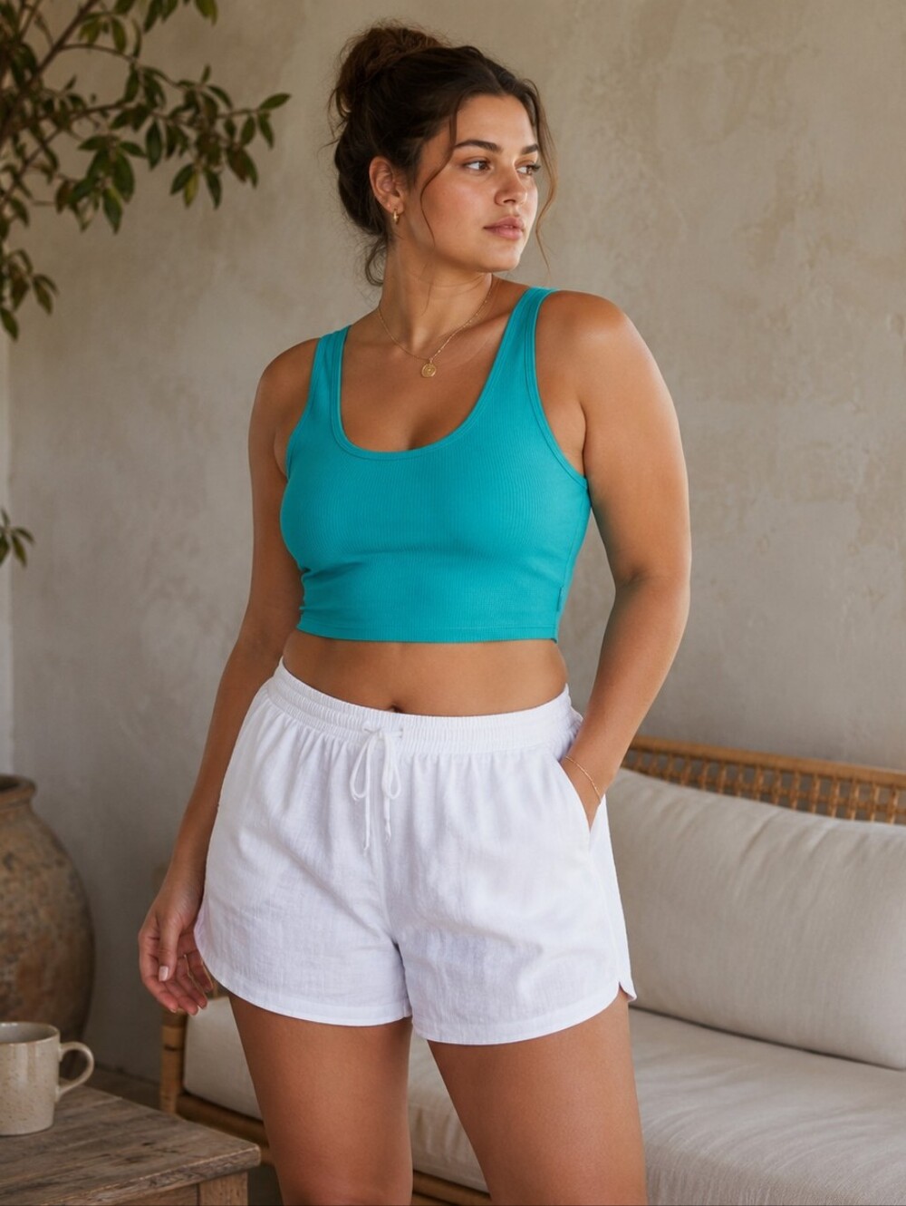 Tna Aritzia Cropped Scoop Neck Ribbed Tank Top in Teal Casual Summer Women's XL